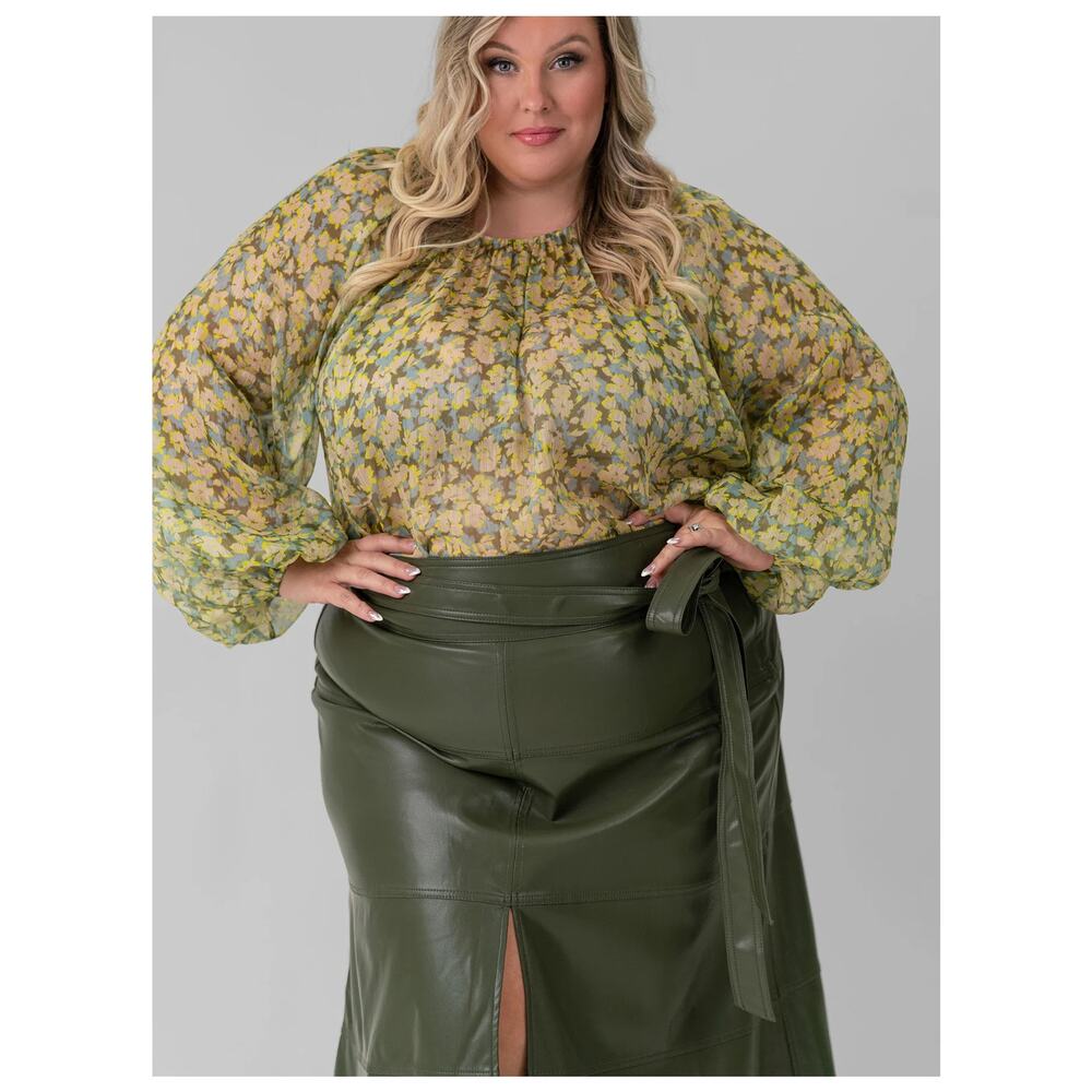 Tanya Taylor Elaine Top Silk Linen Sheer Green Floral Balloon Sleeve Sz 2X